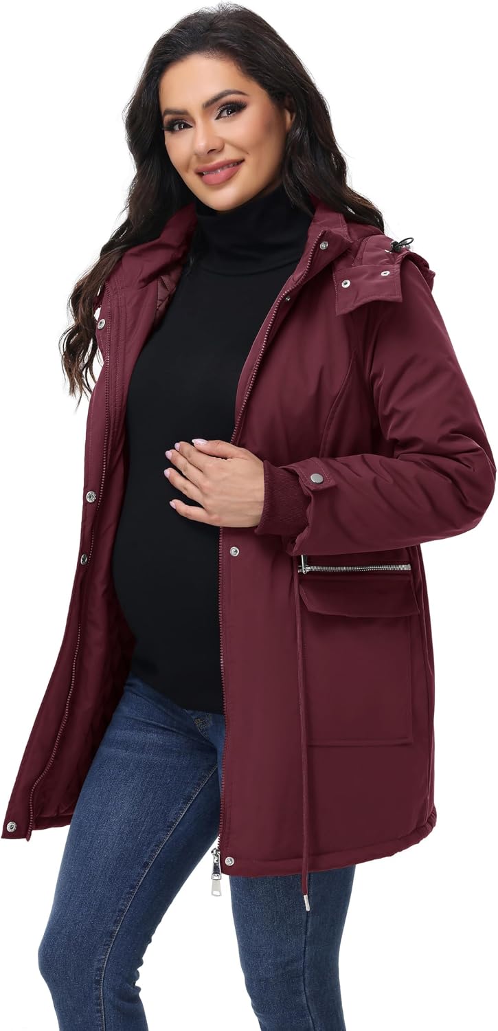 Maacie Umstands Baumwolljacke 3 in 1 Winter Langer Puffer Daunenjacke Parka mit Kapuze mit Taschen W