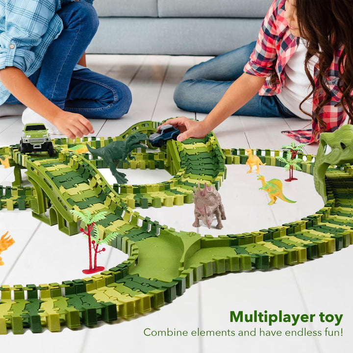CELMAN Dinosaurier Spielzeug - Flexibles Rennbahn mit viele Teilen und Geländewagen, Autorennbahn Sp