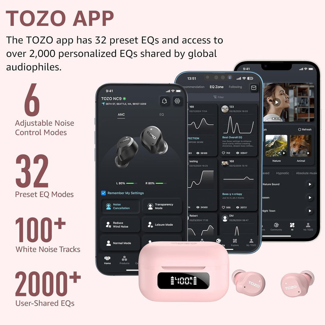 TOZO NC9 In Ear Kopfhörer Kabellos Bluetooth 5.3 mit Hybrid Active Noise Cancelling, 6 Mikrofone für