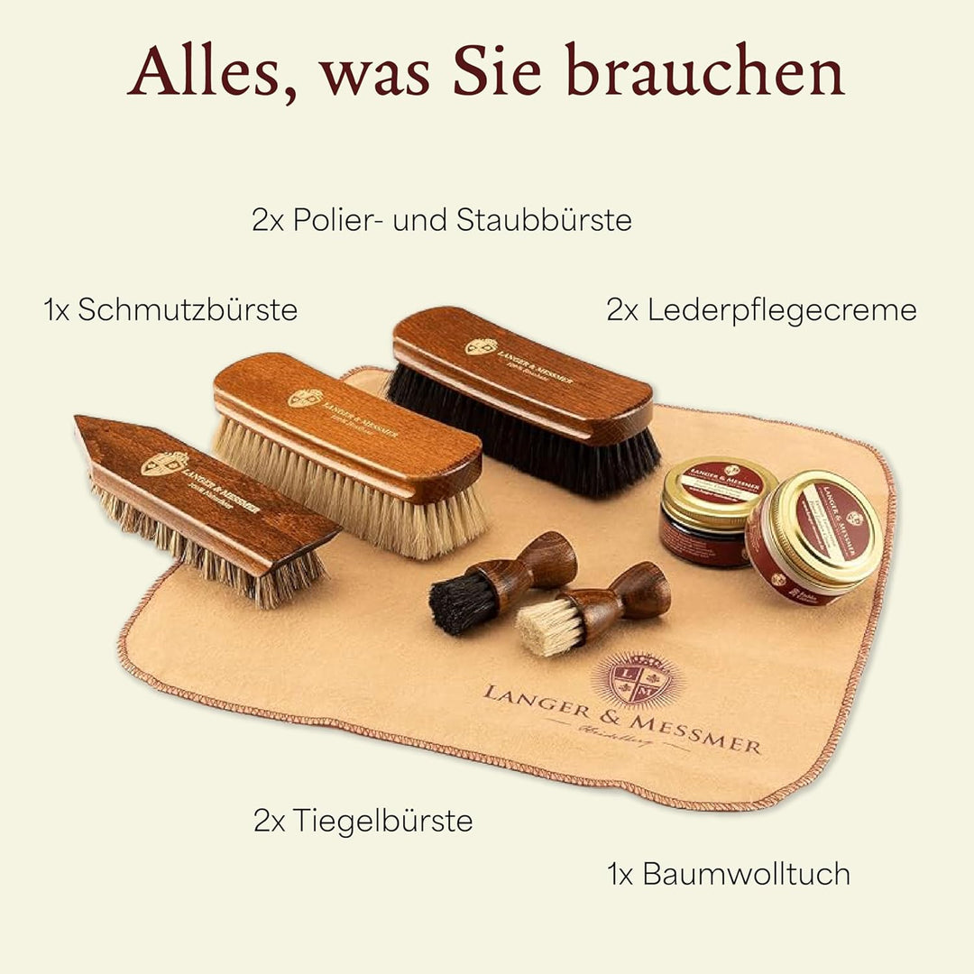 Langer & Messmer Schuhpflegeset inkl. hochwertigen Lederpflegecremes und Rosshaarbürsten zur effekti