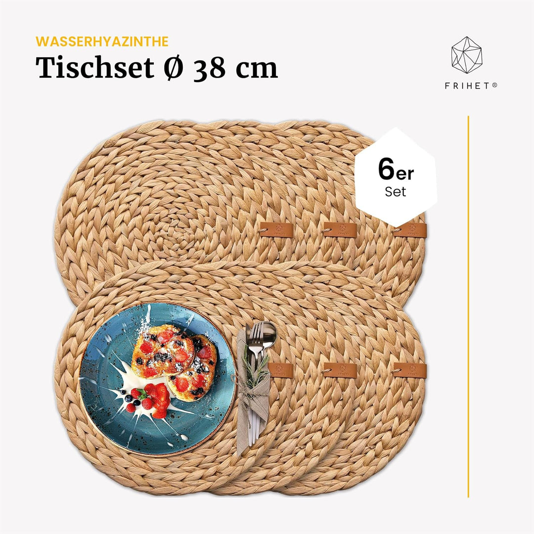 FRIHET® runde Platzdeckchen geflochten aus Wasserhyazinthe | naturverbundene Boho-Tischdeko | Tischs