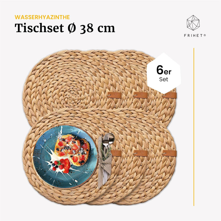 FRIHET® runde Platzdeckchen geflochten aus Wasserhyazinthe | naturverbundene Boho-Tischdeko | Tischs