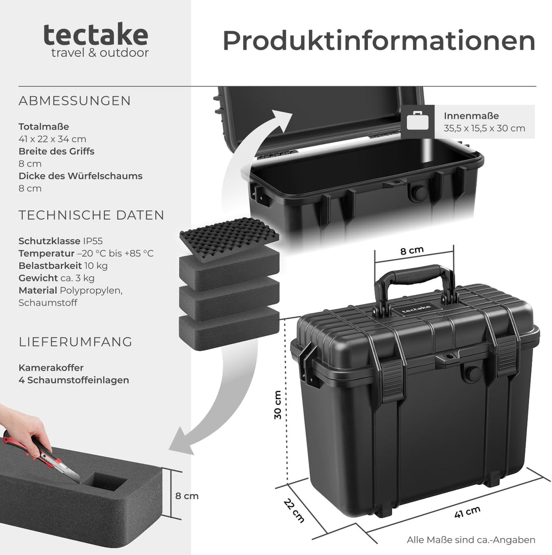 tectake® Universalkoffer, Fotokoffer, 41 x 22 x 34 cm, abschliessbare Box, Kunststoff Hardcase, stos