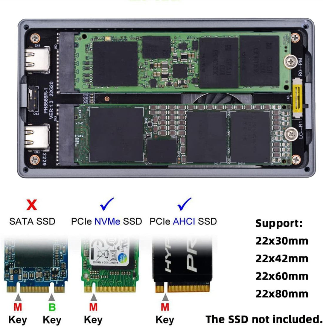 NFHK Dual NVME M.2 NGFF M-Key auf USB-C Type-C Raid0 Raid1 JOBD Big Enclosure 20Gbps with Fan Raid0