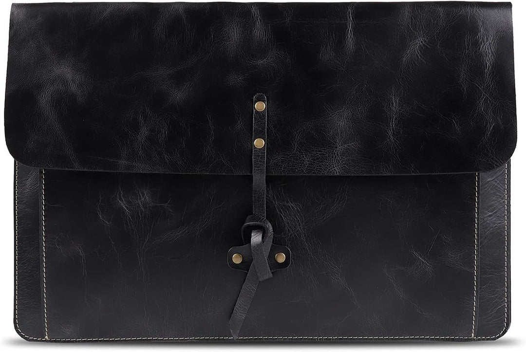 Londo Real Grain Leather MacBook Pro Case with Front Pocket & Flap Closure (Schwarz, 15-16 Zoll), OT