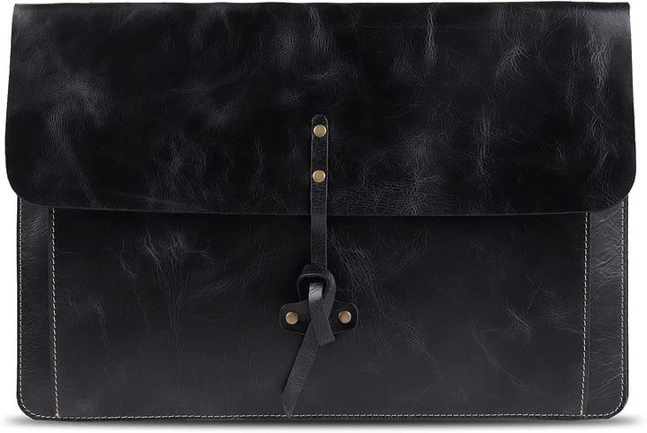 Londo Real Grain Leather MacBook Pro Case with Front Pocket & Flap Closure (Schwarz, 15-16 Zoll), OT