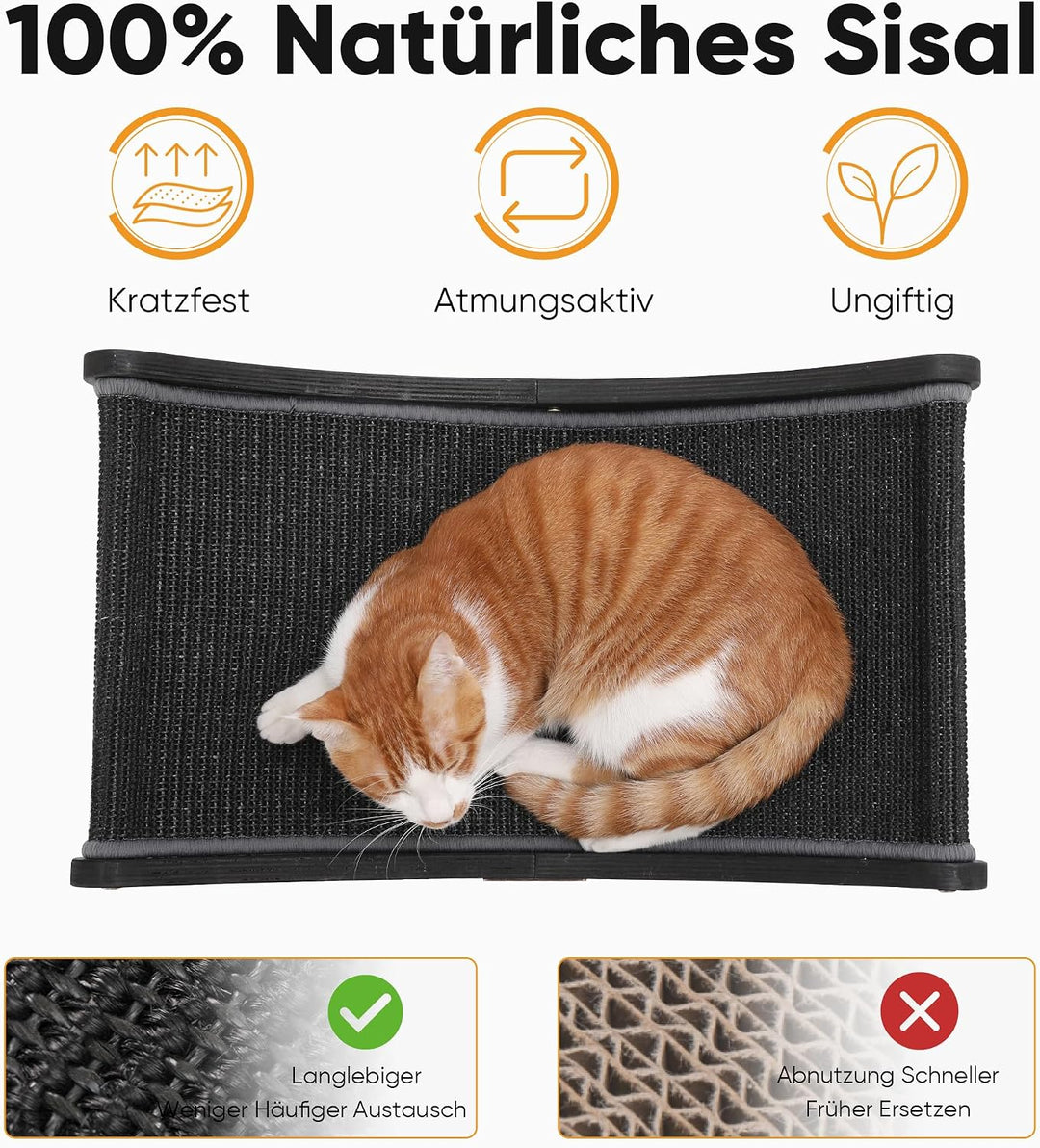 FUKUMARU Sisal Kratzbrett Holz, 60 cm strapazierfähiges Kratzbaum-Bett für Wohnungskatzen, Hängematt
