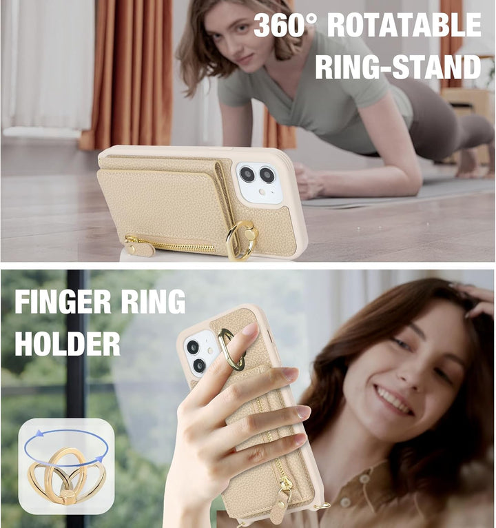 ELTEKER Handyhülle für iPhone 12 Mini Hülle mit Band Kartenfach Handykette Ringhalterung Geldbörse,L