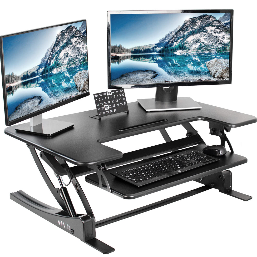 VIVO 91 cm höhenverstellbarer Steh-Sitz-Schreibtischaufsatz, V-Serie, Schnellwechsel-Tisch-Monitorst