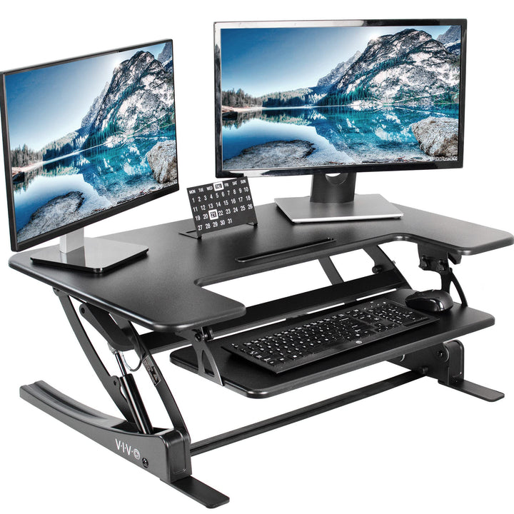 VIVO 91 cm höhenverstellbarer Steh-Sitz-Schreibtischaufsatz, V-Serie, Schnellwechsel-Tisch-Monitorst