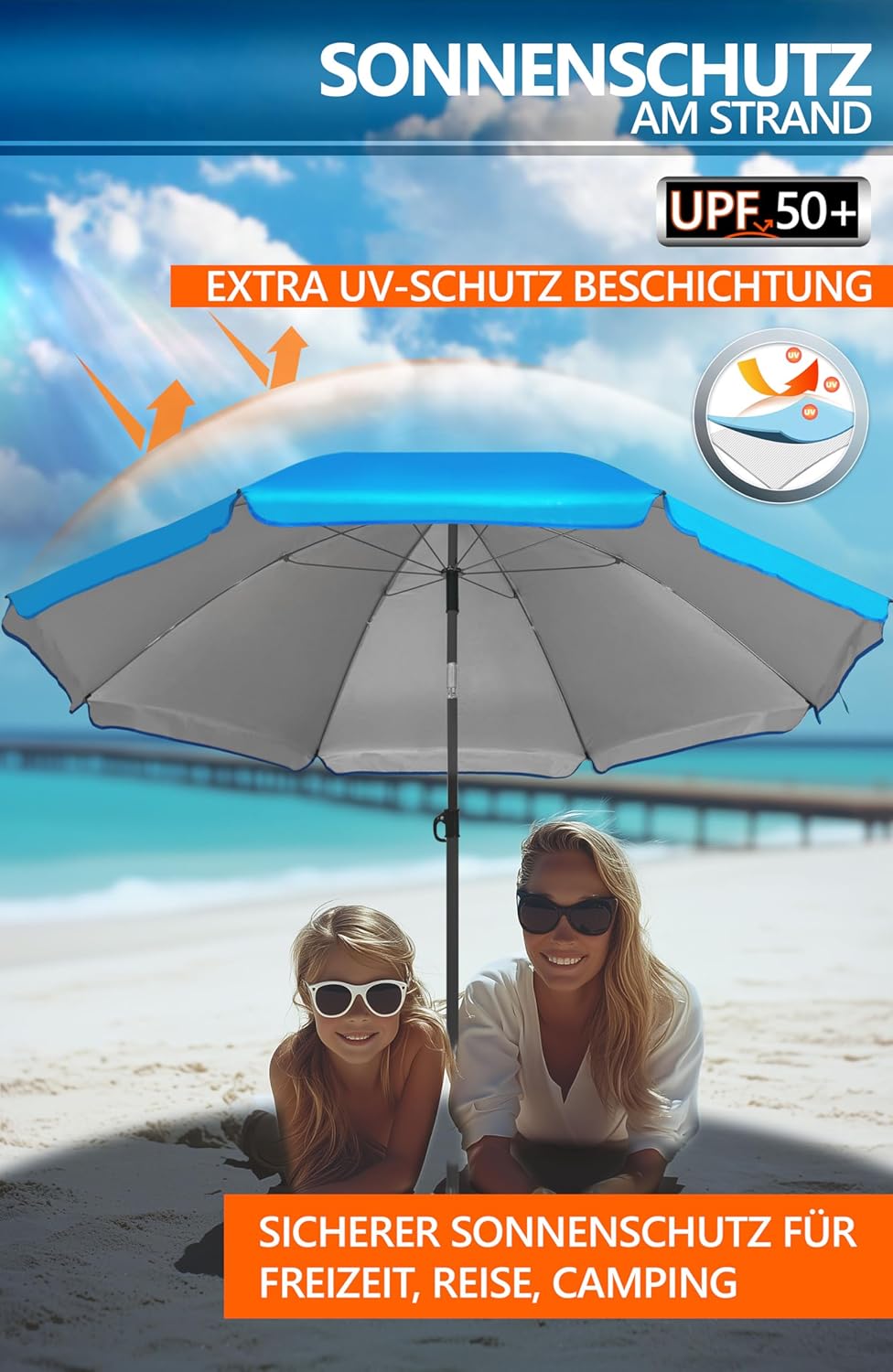 4smile Sonnenschirm Strand SunnyJoy Ø 160 cm, 3er Set - Strandschirm mit UV Schutz 50+, inkl. Sonnen