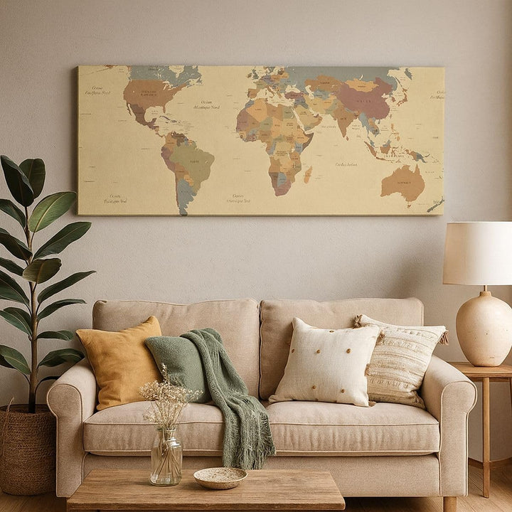 Panorama Bilder auf Leinwand 100x40cm Leinwandbild mit Rahmen Karte Welt Land Gross Wanddeko Bild Sc