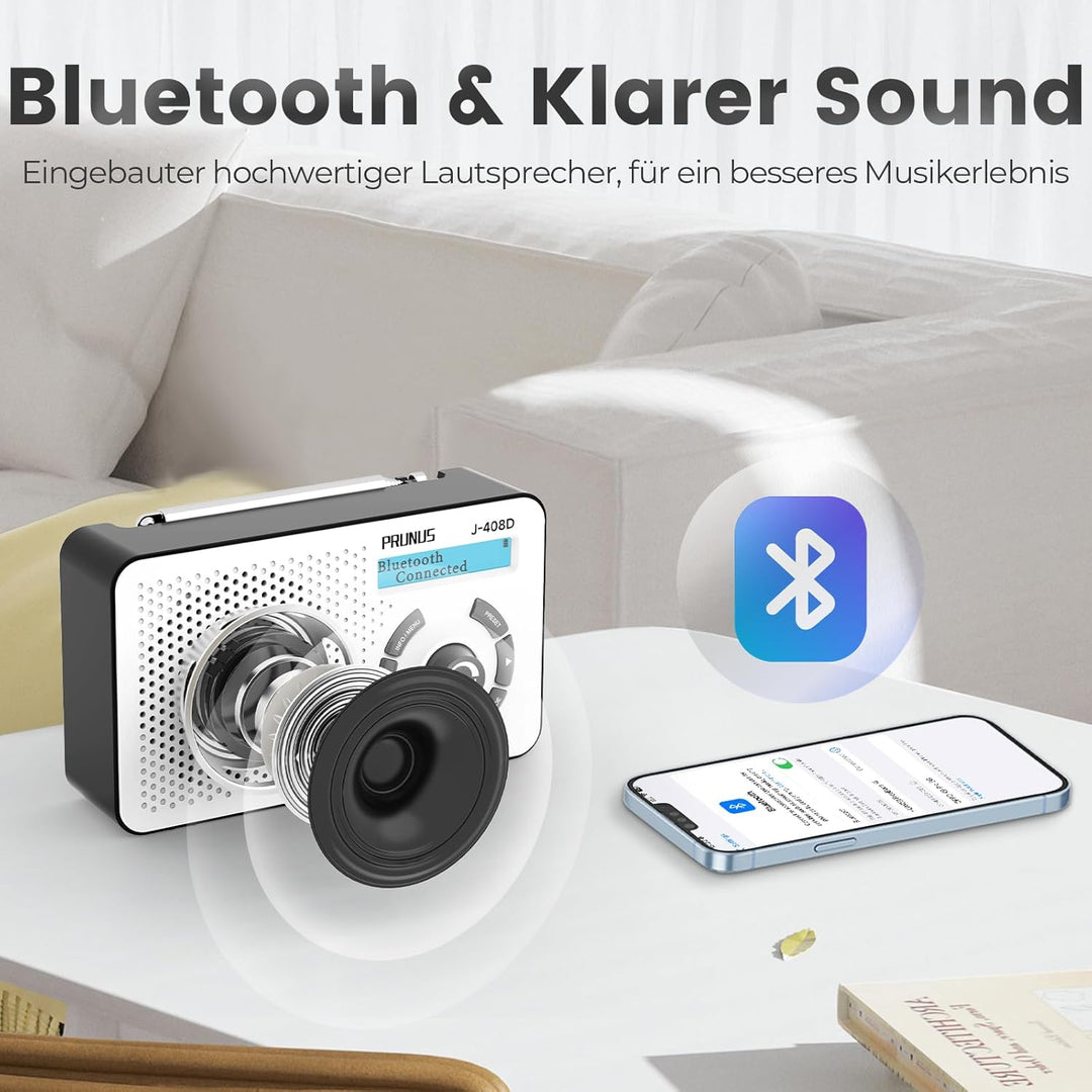 PRUNUS J-408 UKW DAB Radio mit Bluetooth 5.3, DAB Plus Radio Batteriebetrieben oder 2000mAh Akkubetr