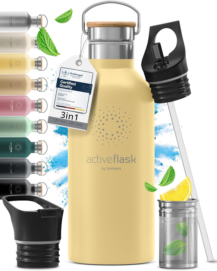 Trinkflasche Edelstahl mit Strohhalm, Infuser + 3 Deckel: BPA-frei, Auslaufsicher, Kohlensäure geeig