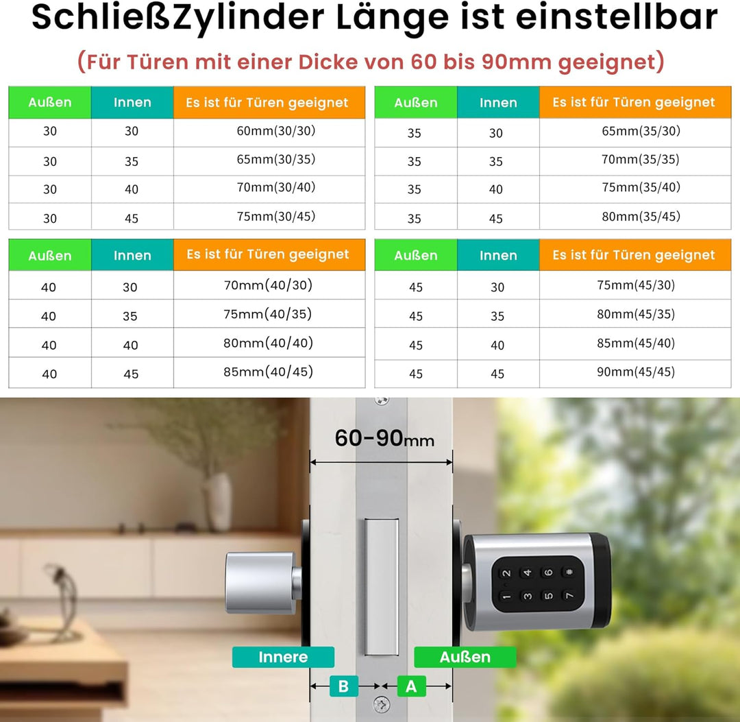 AVATTO Smart Türschloss mit Fingerabdruck & Passwort für 60-90mm Türen, Elektronischer Schliesszylin