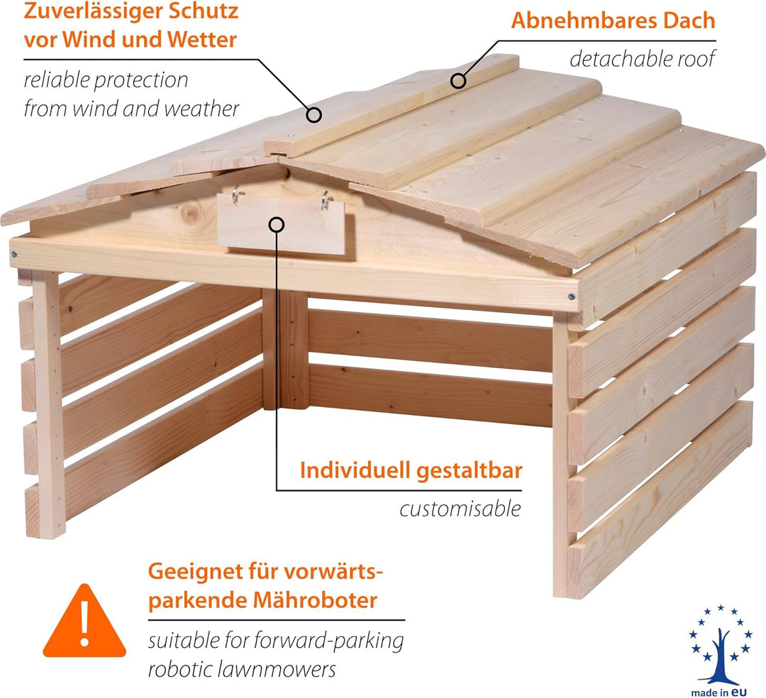 dobar® Mähroboter Garage aus Holz mit abnehmbarem Dach - Rasenroboter Unterstand mit individualisier