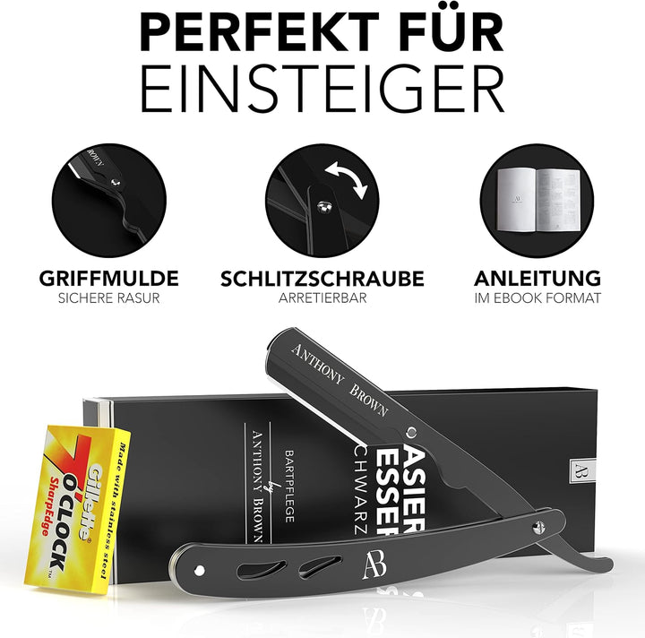 Anthony Brown® Rasiermesser in Schwarz oder Silber - einzigartiger Klingenkopf für mehr Präzision -