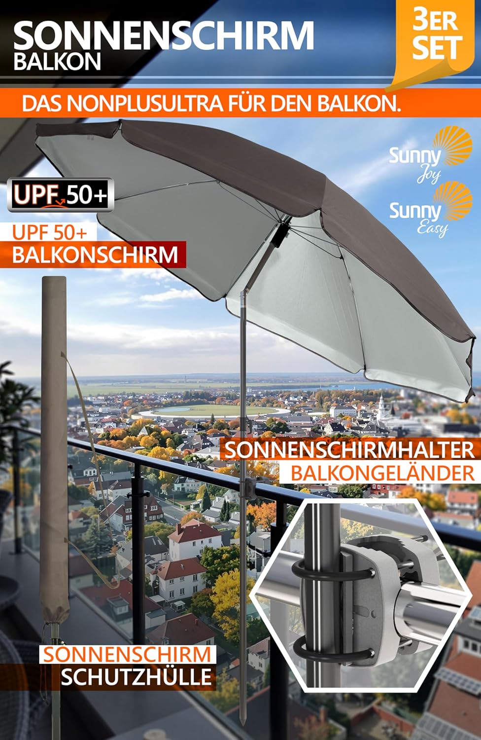 4smile Sonnenschirm Balkon SunnyJoy im 3er-Set - UPF 50+ Balkon Schirm 160 cm + Sonnenschirmhalter B