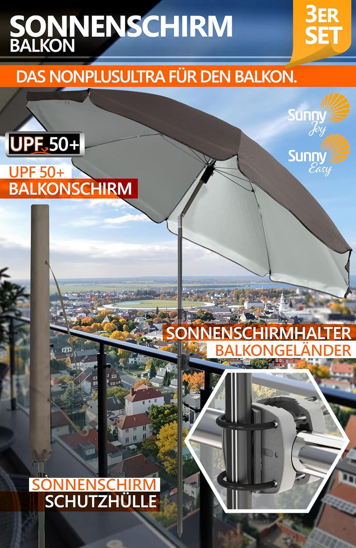 4smile Sonnenschirm Balkon SunnyJoy im 3er-Set - UPF 50+ Balkon Schirm 160 cm + Sonnenschirmhalter B