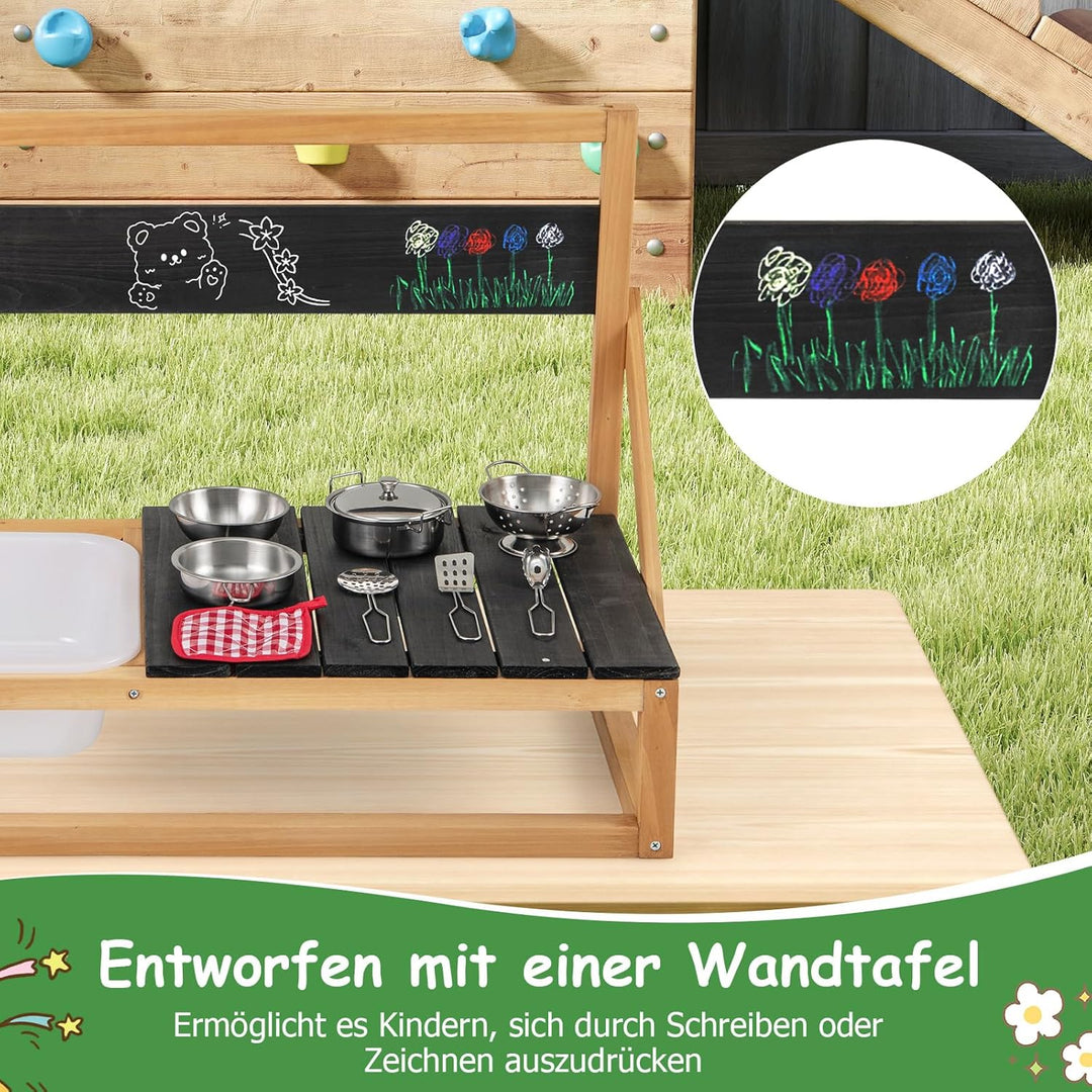 COSTWAY Matschküche Kinder Outdoor, Kinderküche Tannenholz mit Zubehör, Spielküche mit hängenden Hak