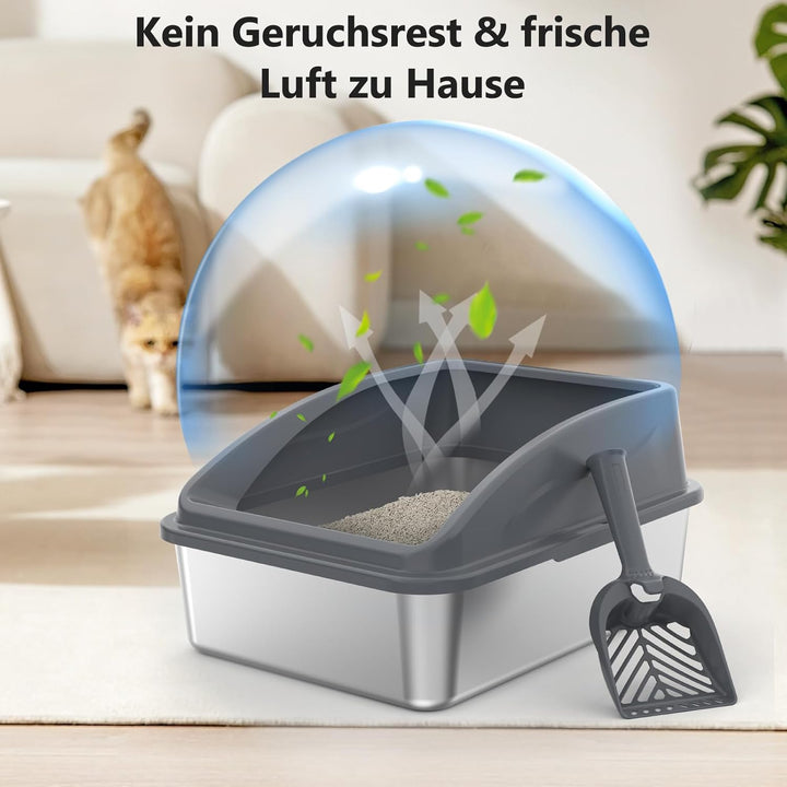 FURTIME Katzenklo Edelstahl, Katzentoilette Edelstahl 18L mit Schaufel, Katzenklo Metall mit Hochwan
