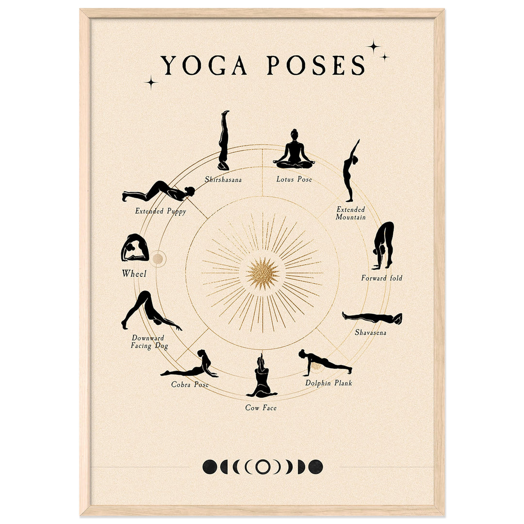 JUNOMI® Yoga Poster DIN A2 | Yoga Zubehör für Studio & Zuhause, Boho Wanddeko, Meditation | mit Rahm