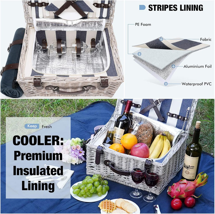 Picknickkorb-Set für 2 Personen mit Isolierkühler, wasserdichte Picknickdecke, Geschirr für Familie,