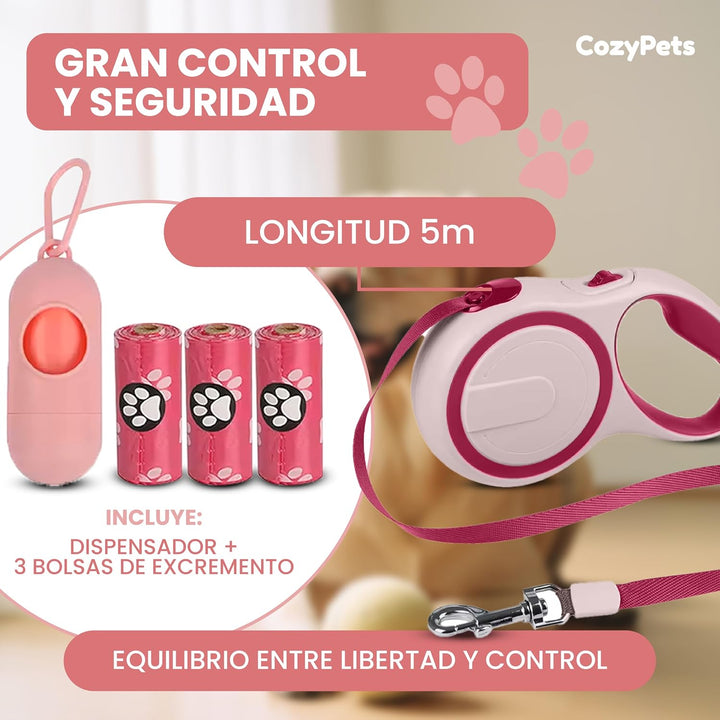Ausziehbare Hundeleine, 5 m, einziehbare Leine für Hunde bis 30 kg, mit ergonomischem Griff, 3 Tasch