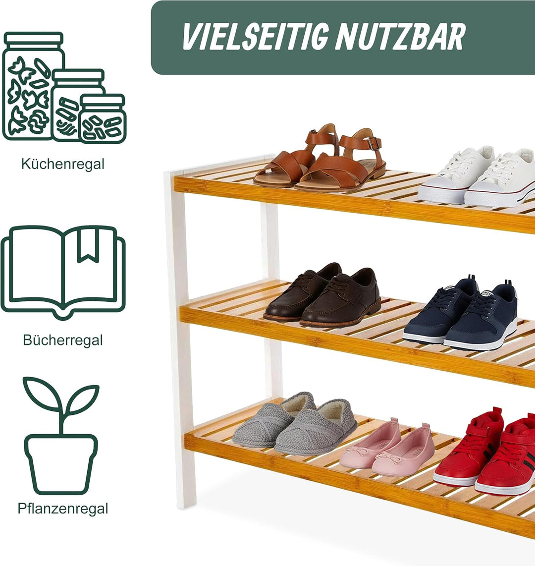 Relaxdays Schuhregal, HxBxT: 55 x 70 x 26 cm, Bambus, 3 Ebenen, 9 Paar Schuhe, Schuhständer Gitterab