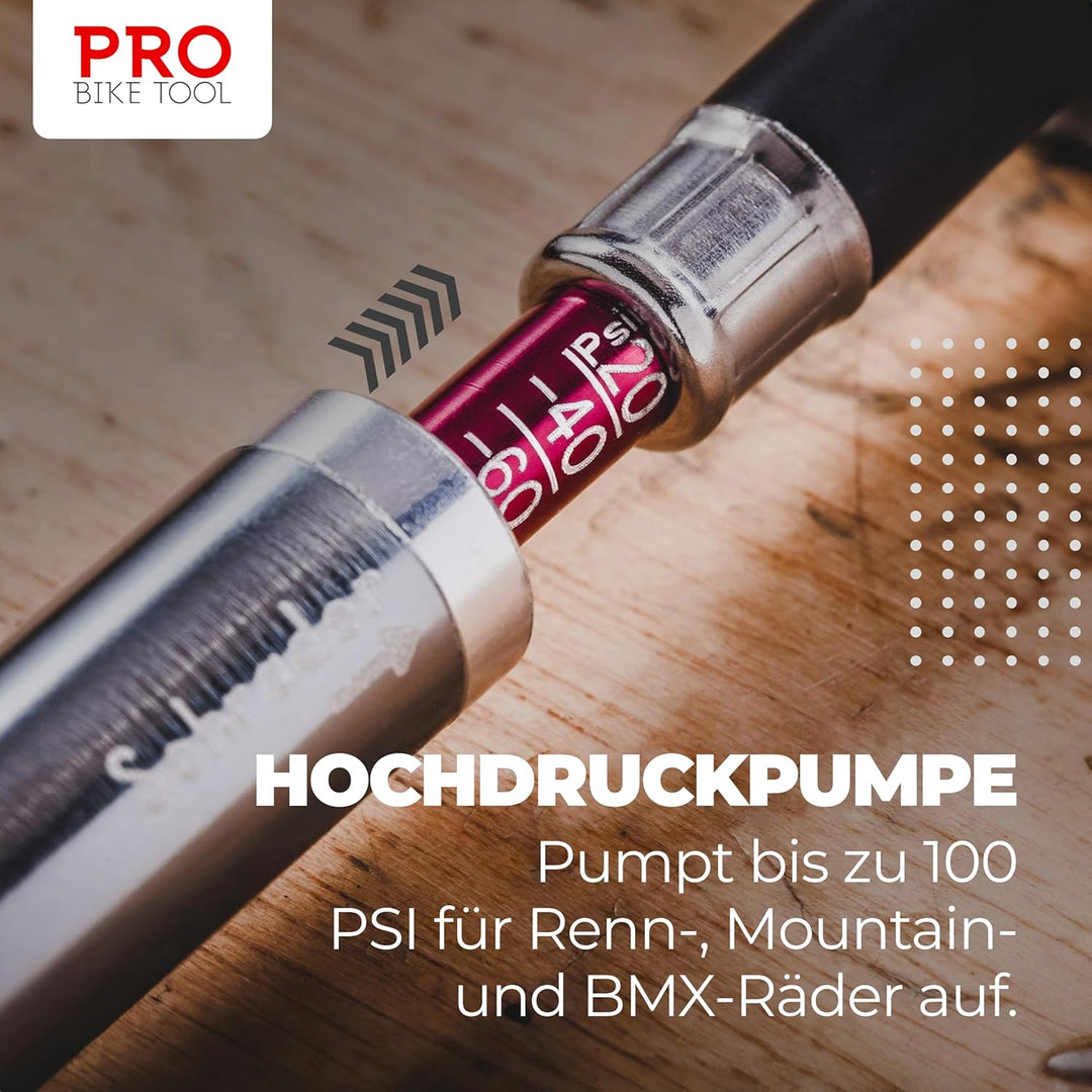 Mini Fahrradpumpe mit Manometer für Presta & Schrader Ventile- Hoher Druck bis 6,9 Bar - zuverlässig