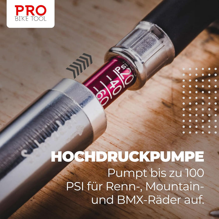 Mini Fahrradpumpe mit Manometer für Presta & Schrader Ventile- Hoher Druck bis 6,9 Bar - zuverlässig