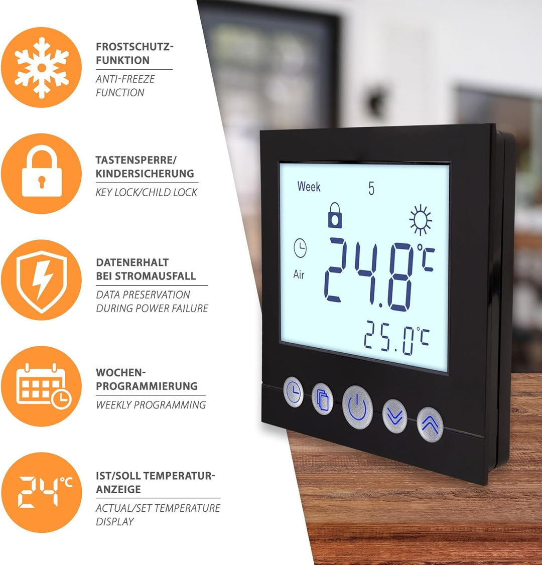 Digitales Unterputzthermostat Thermostat schwarz 8cm Bildschirmdiagonale für Antriebssteuerung elekt