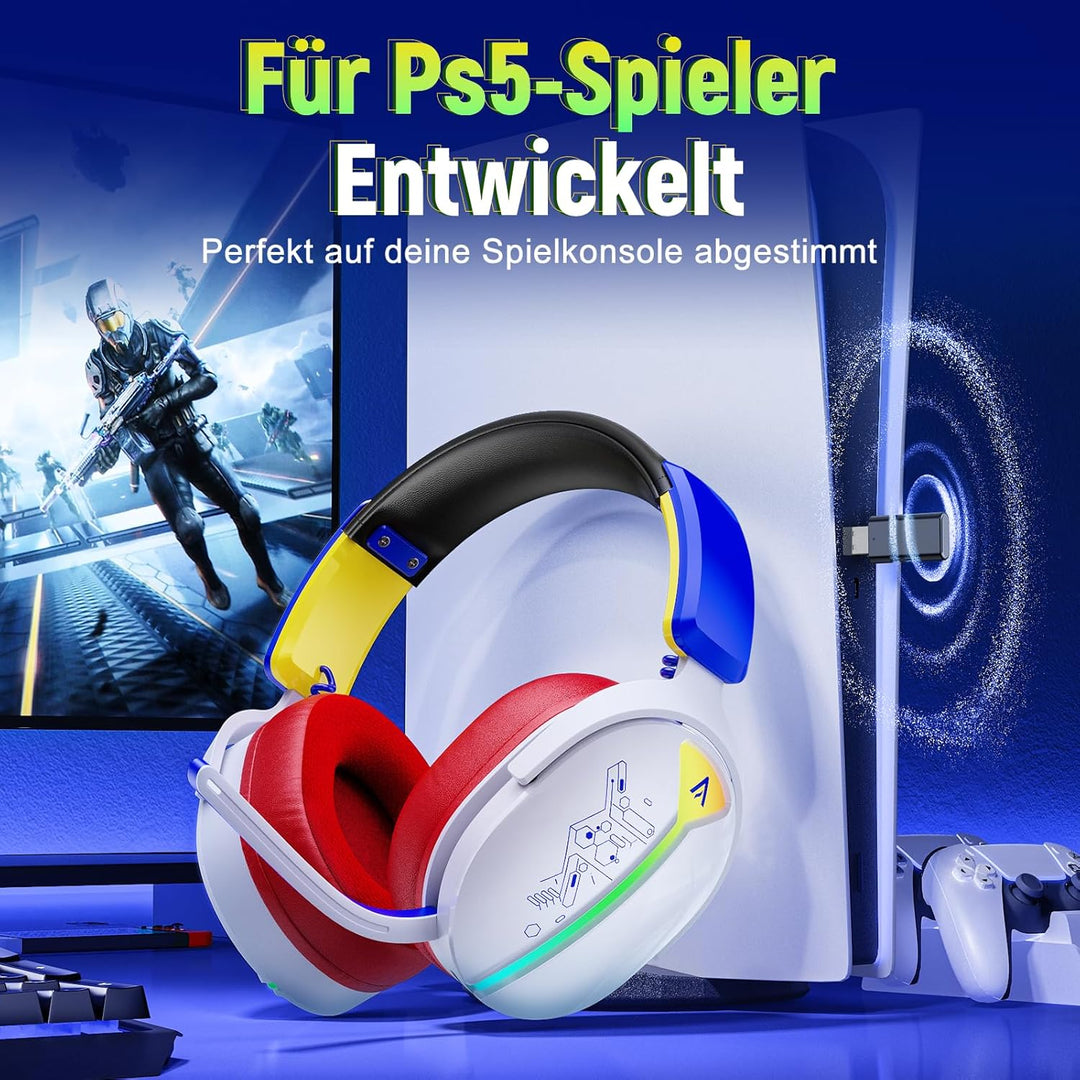 Gaming Headset Wireless, Headset mit Mikrofon für ps5 ps4, PC, Switch, Bluetooth 5.3, 7.1 Surround S