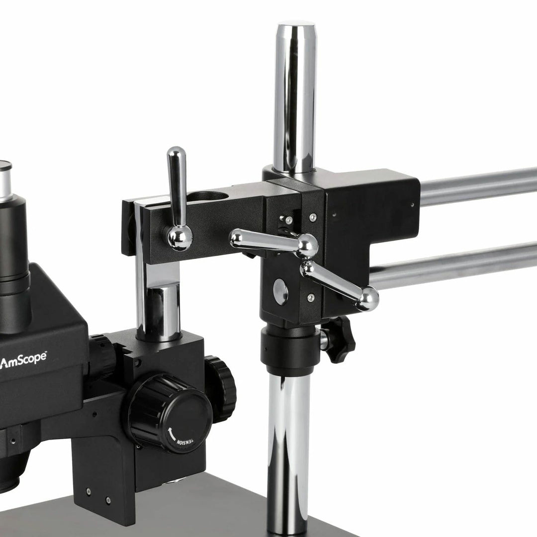 AmScope SM-4TZZ-B Trinokulares Stereo-Zoom-Mikroskop mit Schwarzem Doppelarm-Ausleger, 3.5X-180X, Sc