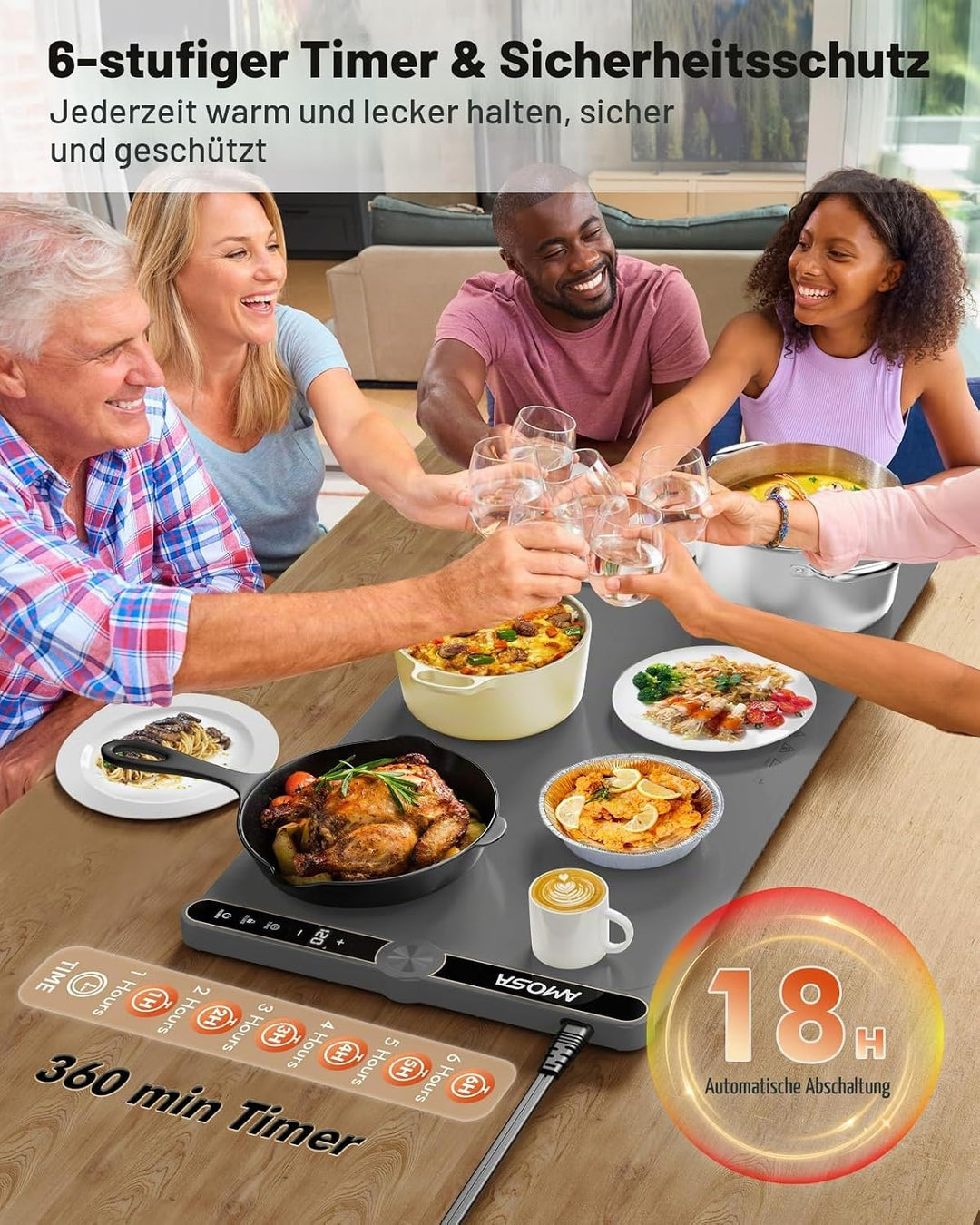 AMOSA Warmhaltematte für Speisen, Speisenwärmer mit 9 Einstellbaren Temperaturen &amp; 6-Stunden-Timer,