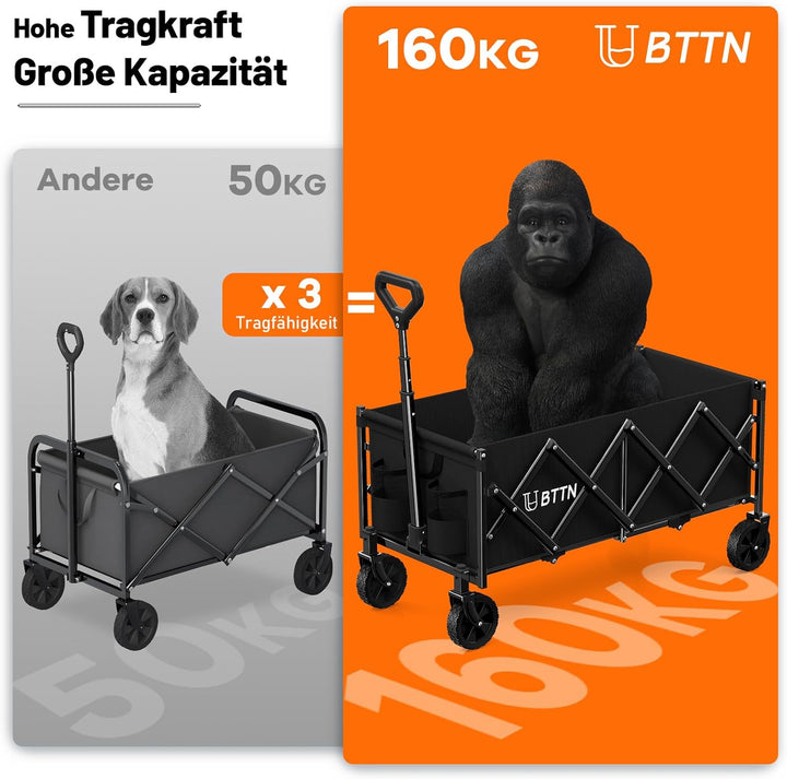 BTTN 120L Klappbarer Bollerwagen, 160kg (350LBS) Traglast Handwagen Faltbar mit Leisen Rädern, Bolle