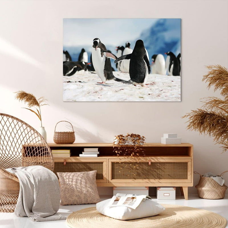 Bilder auf Leinwand 100x70cm Leinwandbild Pinguine Winter Natur Schnee Gross Wanddeko Bild Schlafzim