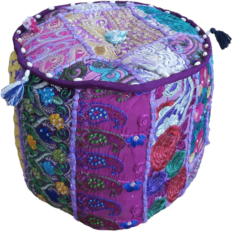 PUSHPACRAFTS Ottoman Pouf Indian Bohemian Style Interior Decor Fusshocker Bodenkissen Indian Embroid