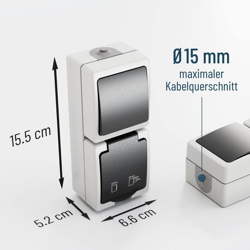 greate 3x Aufputz Schalter Steckdose Kombination mit IP44 für Feuchtraum - Steckdose Aufputz mit Wec