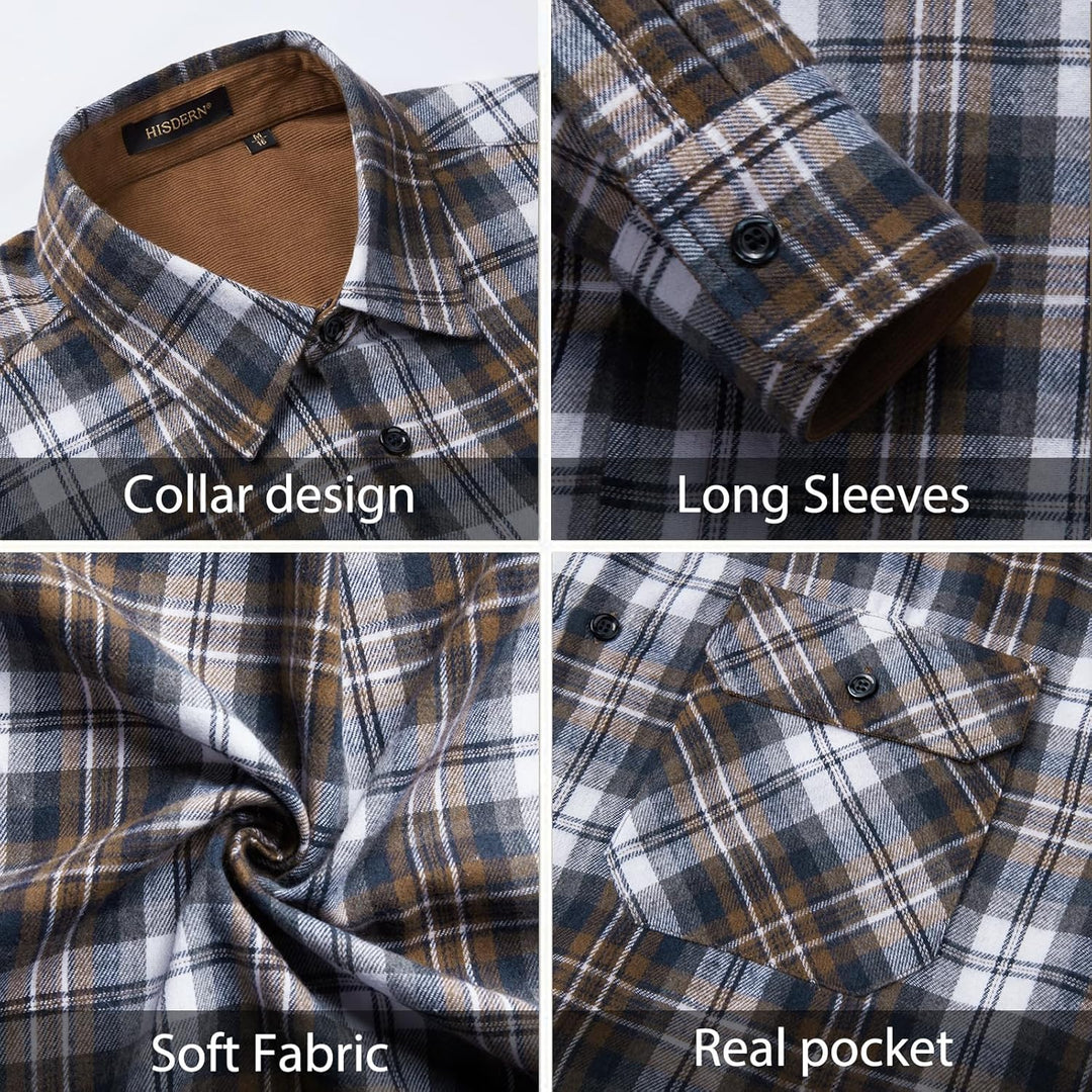 HISDERN Flanellhemd Herren Karierte Hemden Herren Langarm Button Down Baumwolle Holzfällerhemd Regul