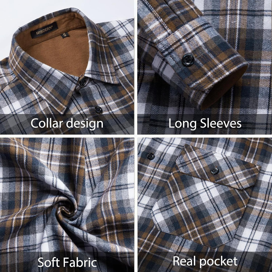 HISDERN Flanellhemd Herren Karierte Hemden Herren Langarm Button Down Baumwolle Holzfällerhemd Regul