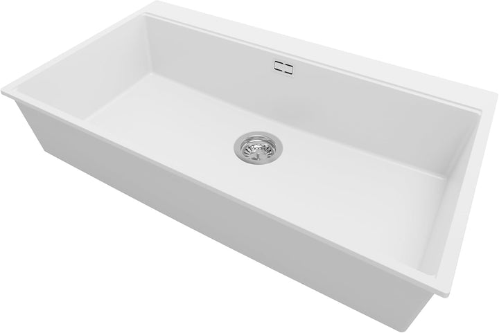PRIMAGRAN Granitspüle Weiss 88x50cm, Granitspüle 1 Becken + Ablauf-Set, Küchenspüle ab 90er Untersch