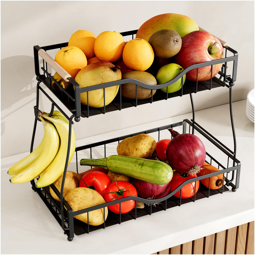 Obstkorb mit 2 Etagen,Metall Obstschale mit 2 Bananenhaltern für Küchenarbeitsplatte, abnehmbarer Ob