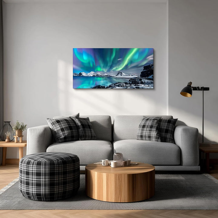 hyidecorart Bilder Nordlichter, Grün Polarlicht Sternenhimmel Bild auf Leinwand, 1 Teilig Modern Nat