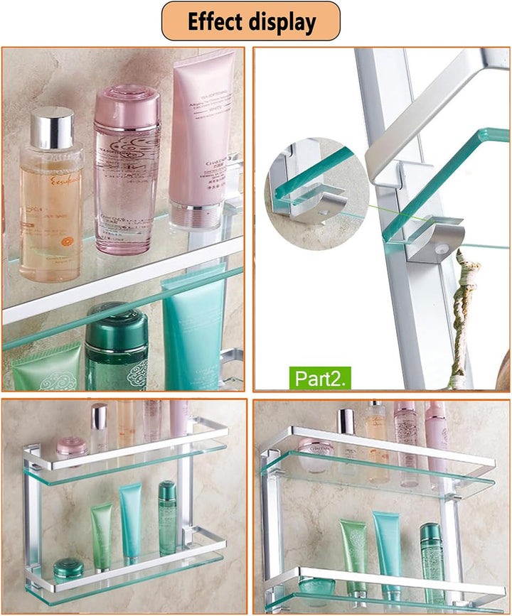 Glas Bad-Regal, 2 Etagen Glasablage Wandregal, Badezimmer Regal Badablage Ablageregal - mit Reling a