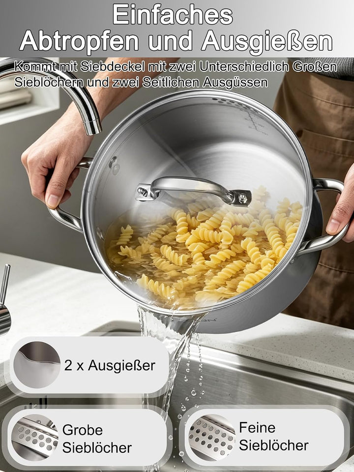 VENTION Dreilagiger Edelstahl-Kochtopf mit Glassiebdeckel, 5.3 Liter Mehrzweck-Pastatopf, Induktions