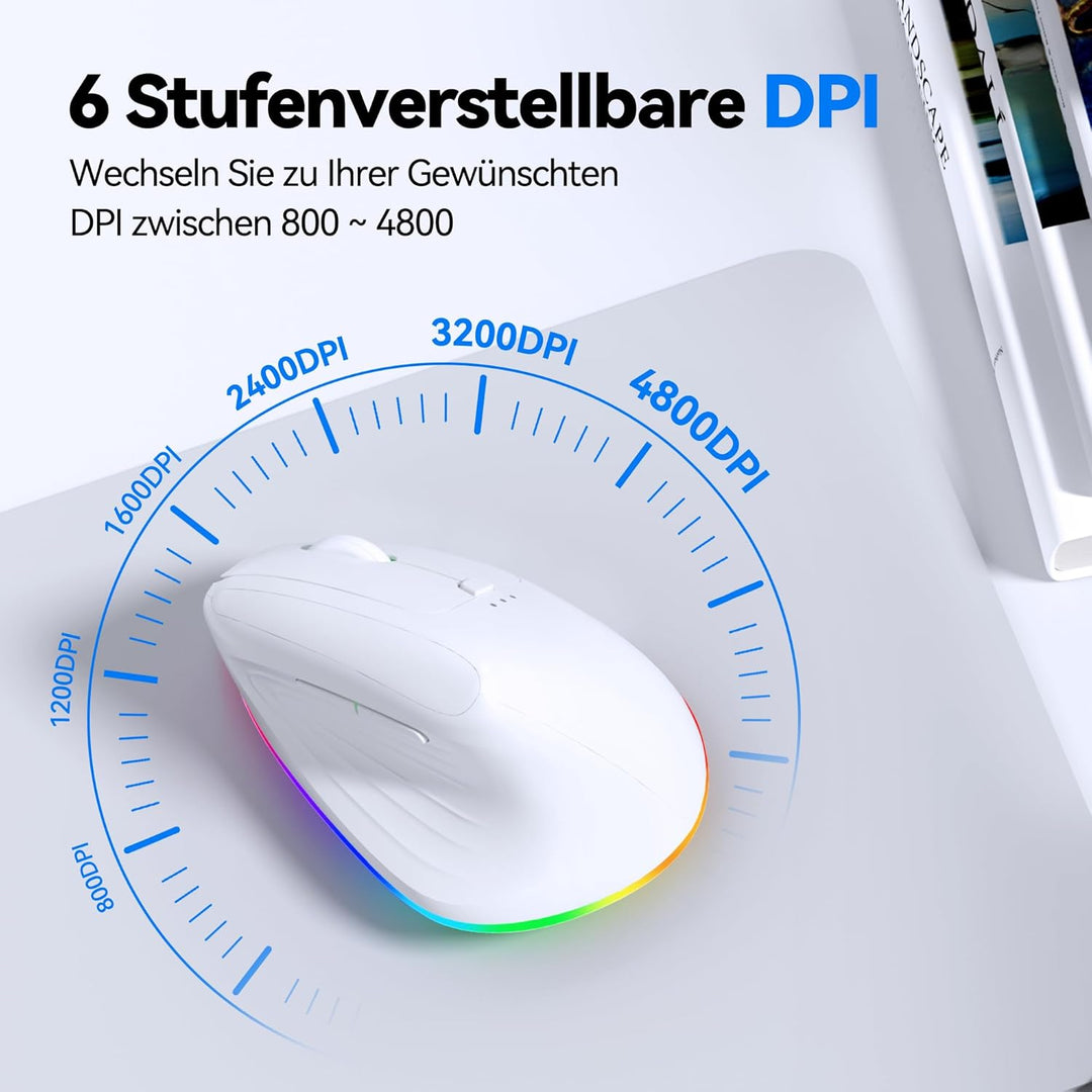 TECKNET Vertikale Ergonomische Kabellos Maus, 2,4 GHz + Bluetooth, Wiederaufladbar Maus mit 4800 DPI