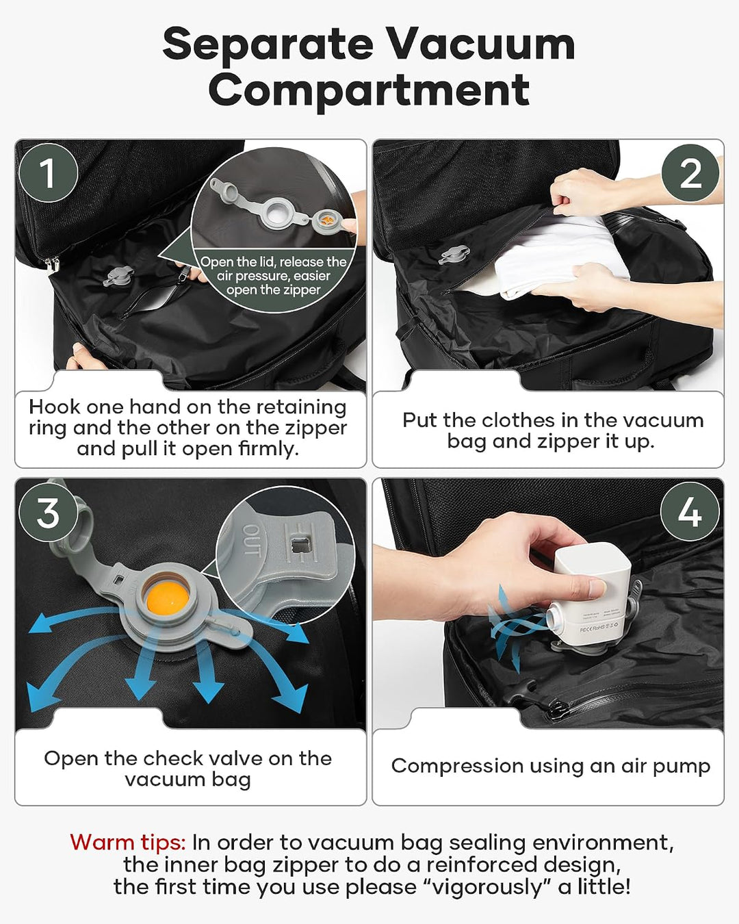 Vakuum Rucksack mit Separates Anzugfach Handgepäck Airbag Travel Backpack Reisen mit Pumpe Tagesruck