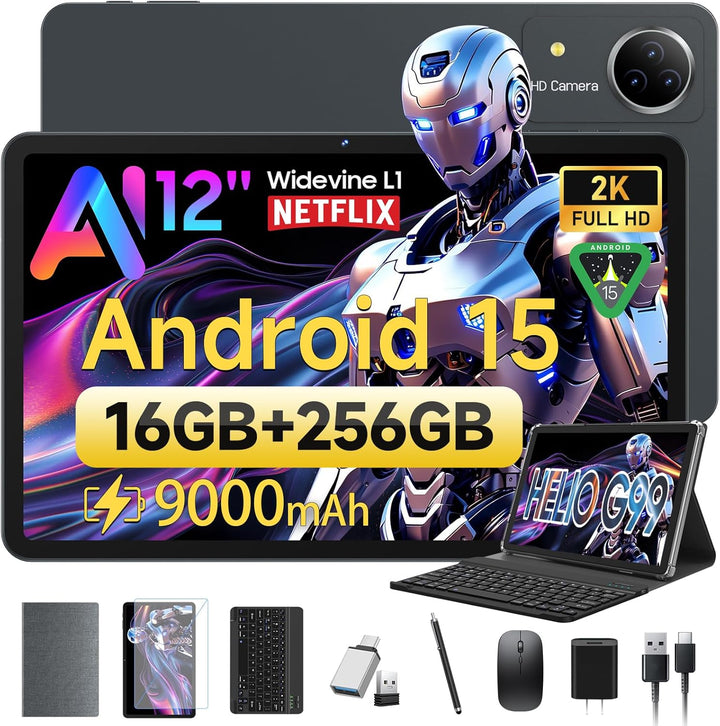 FEONAL Android 15 Tablet 12 Zoll 2K Display Helio G99 Gaming Tablet mit Tastatur/Stift/Maus, Gemini