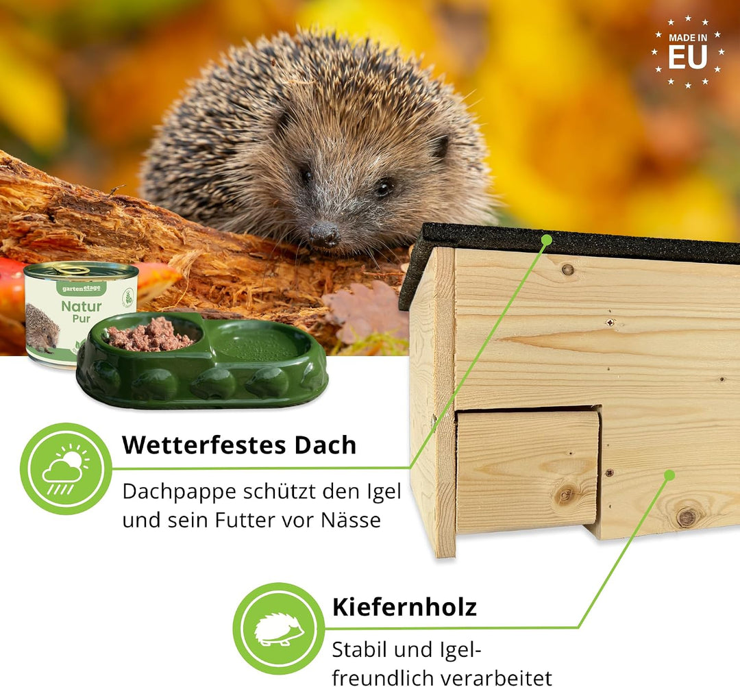 GARTENETAGE Igel-Fütterungsset XXL mit Igelhaus &amp; Rattenklappe – Sicheres Igelhaus für Garten, wette